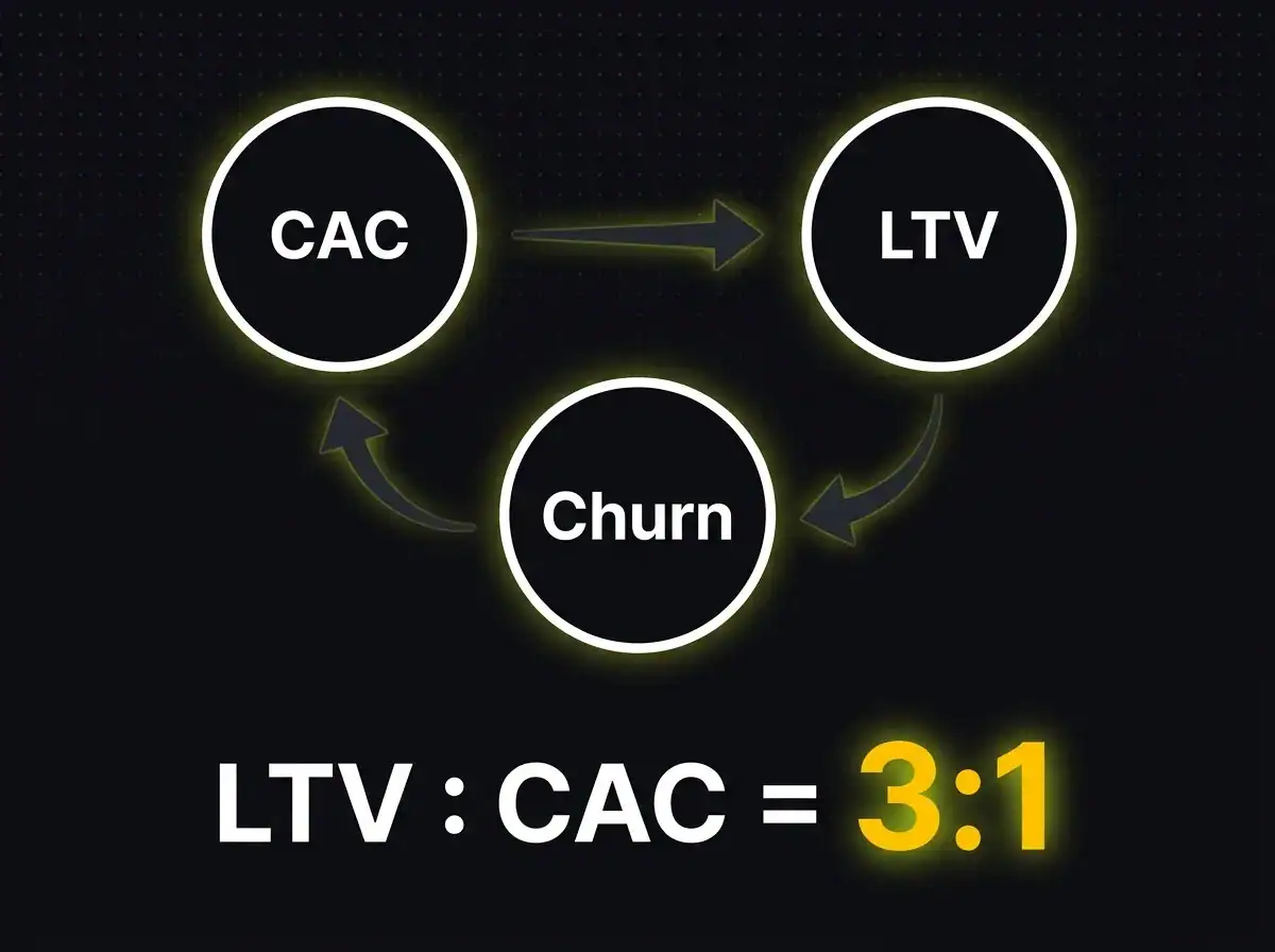 Diagram showing the SaaS subscription economics relationship between CAC, LTV, and churn