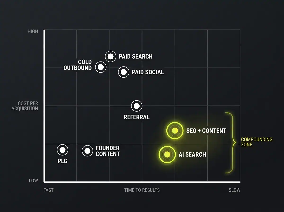 Grid mapping eight SaaS marketing channels by cost and time to results