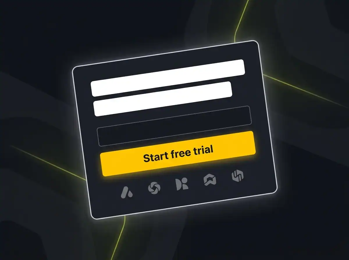 Digital login interface with 'Start free trial' button and icons.