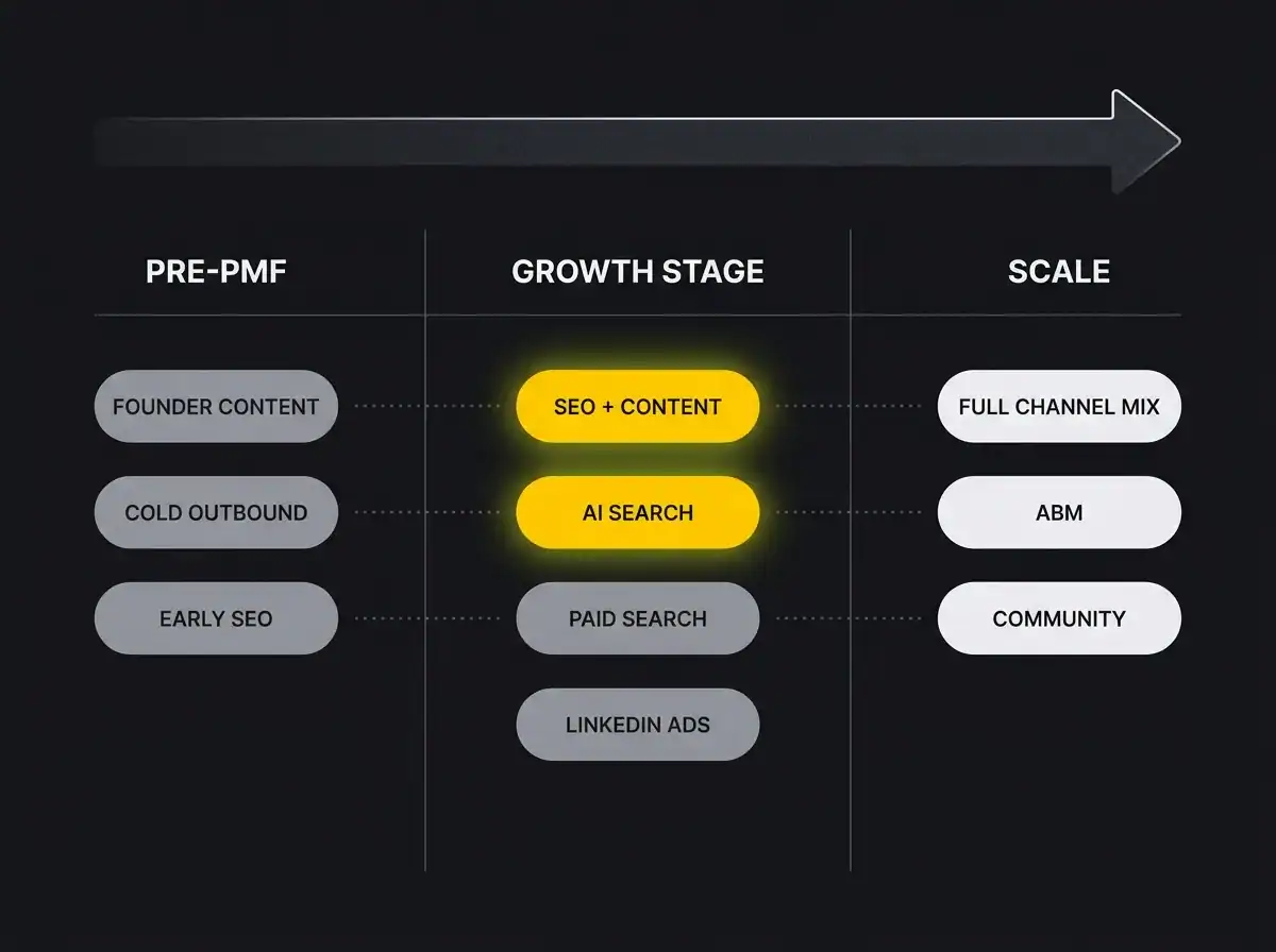 Diagram showing marketing growth stages from pre-PMF to scale.