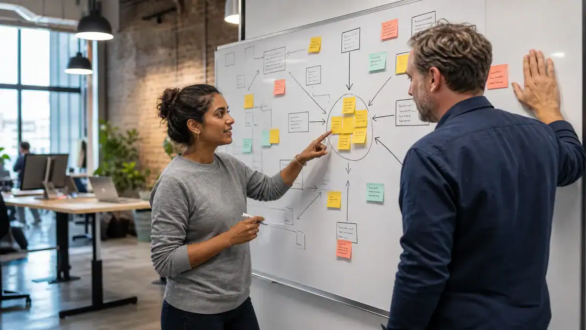 Two professionals discussing ideas on a whiteboard in a modern office.