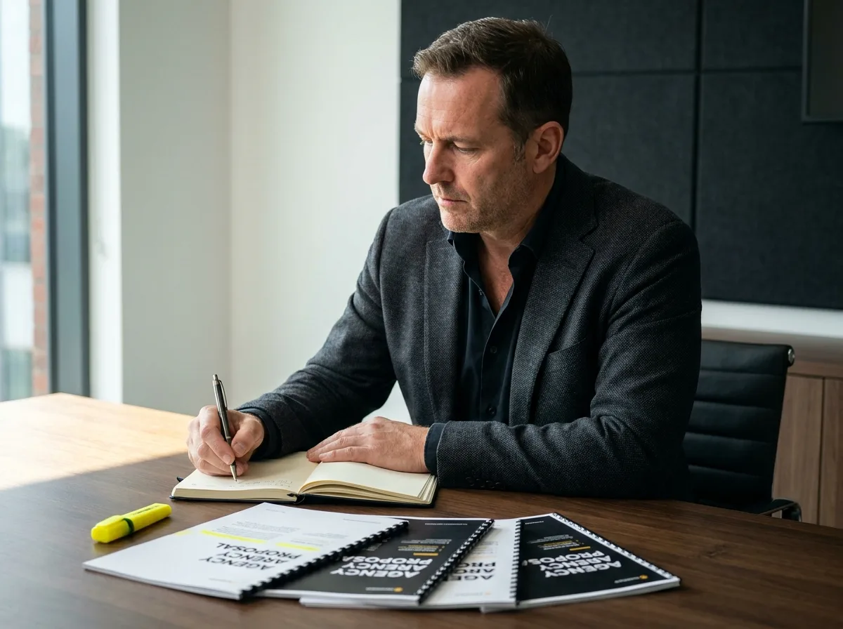 Accounting firm partner reviewing printed proposals and taking notes in a professional meeting room