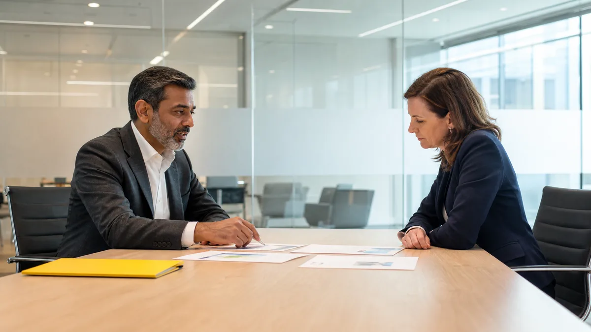 Accounting firm partner reviewing proposals with a client in a bright professional meeting room