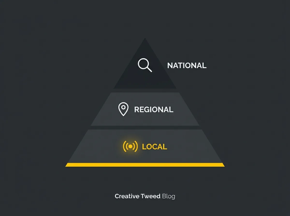 Pyramid diagram showing three tiers of accountancy SEO keywords from national service terms to local search intent