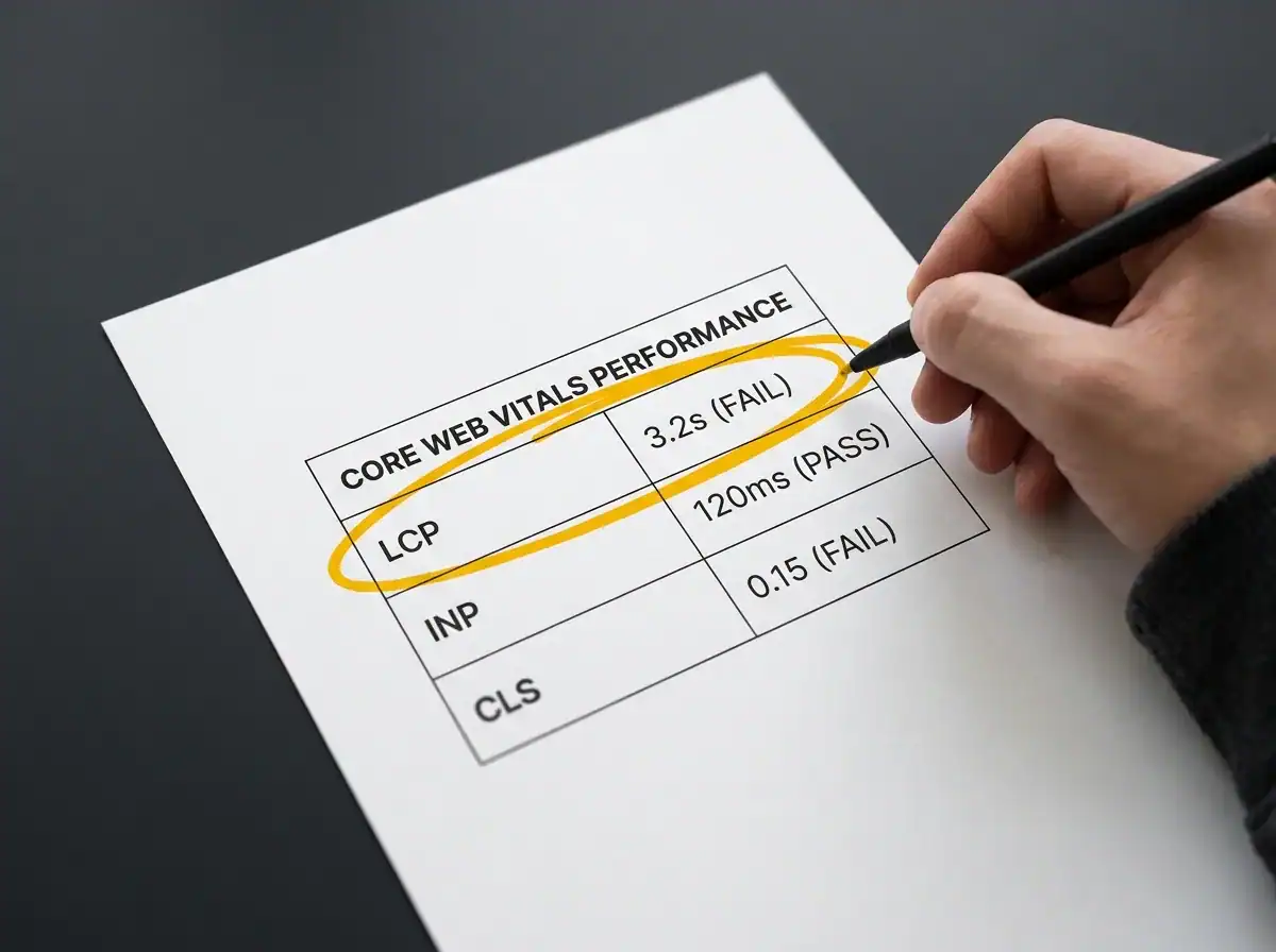 Person marking Core Web Vitals performance metrics on paper.