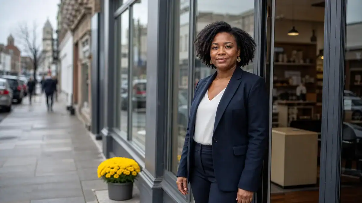 Confident woman in navy suit standing outside a shop in an urban setting.