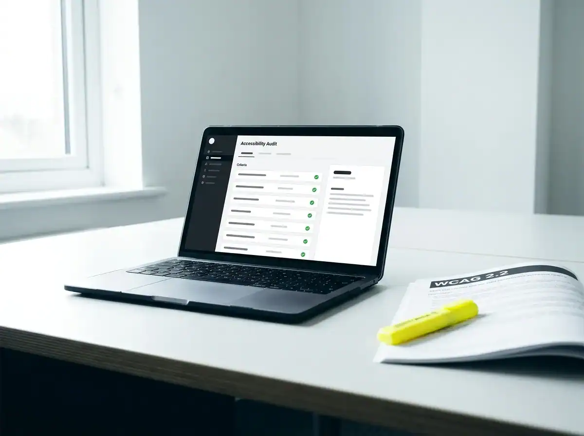 Laptop displaying accessibility audit checklist on a white desk.