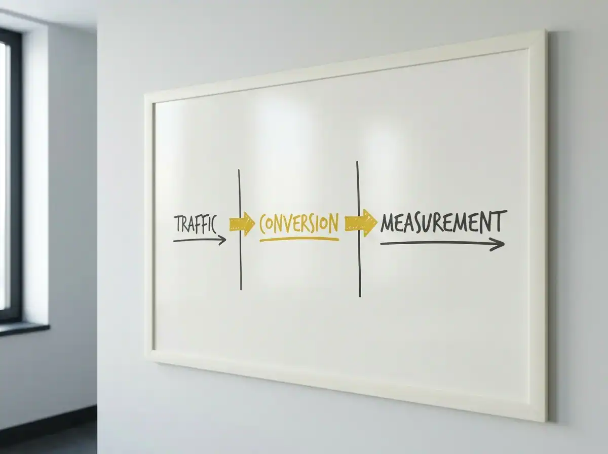 Whiteboard diagram showing the three layers of an effective business website: traffic, conversion, and measurement