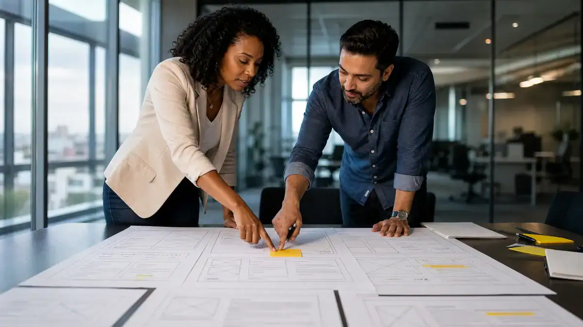 Two professionals collaborating over architectural plans in a modern office.
