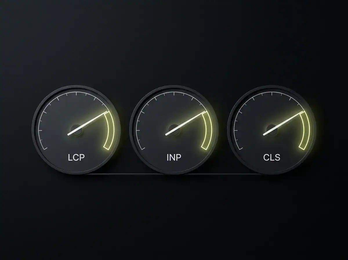Stylised Core Web Vitals three dials labelled LCP, INP and CLS showing green performance scores