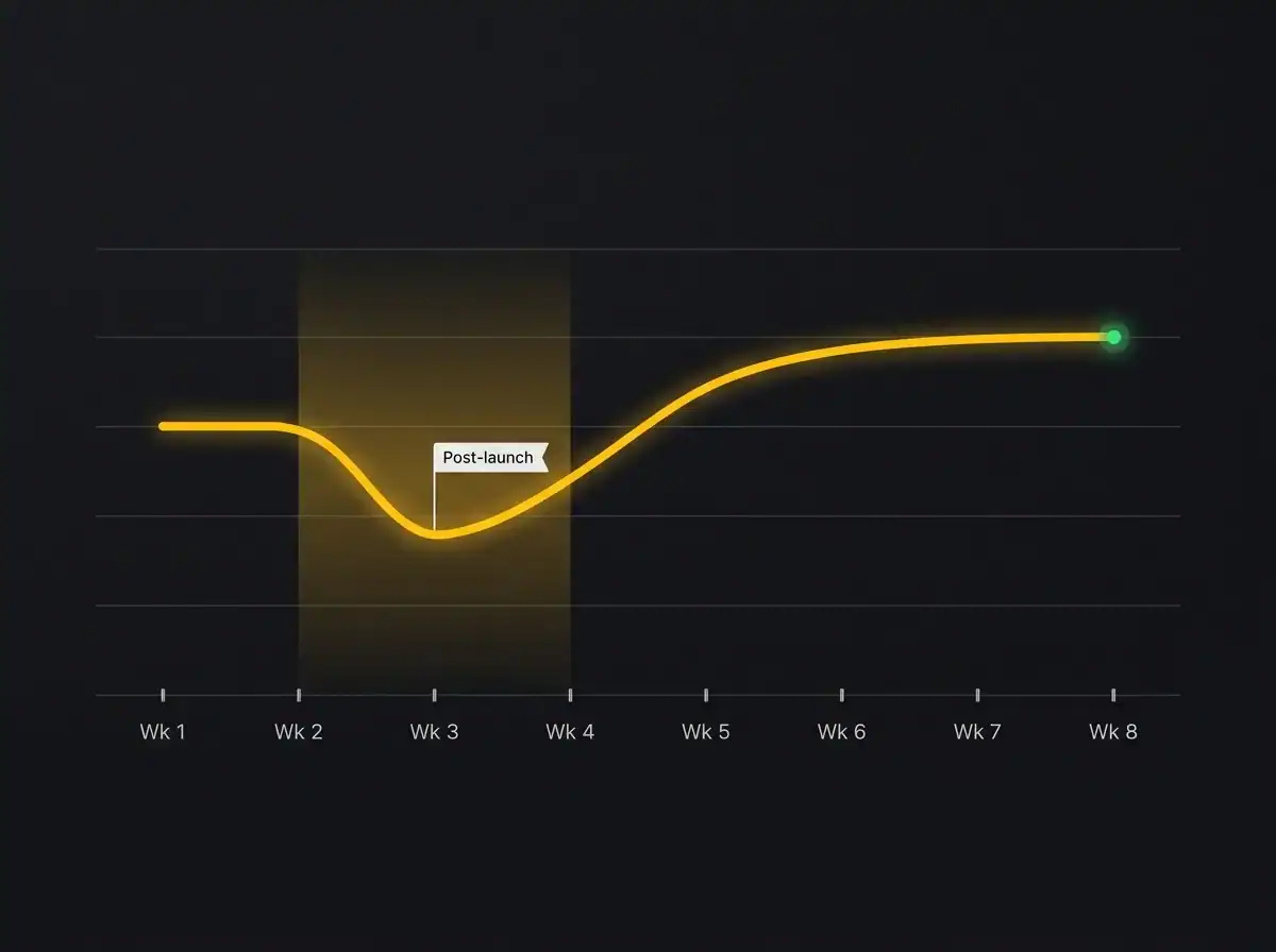 Line graph showing business growth over 8 weeks with a post-launch increase.