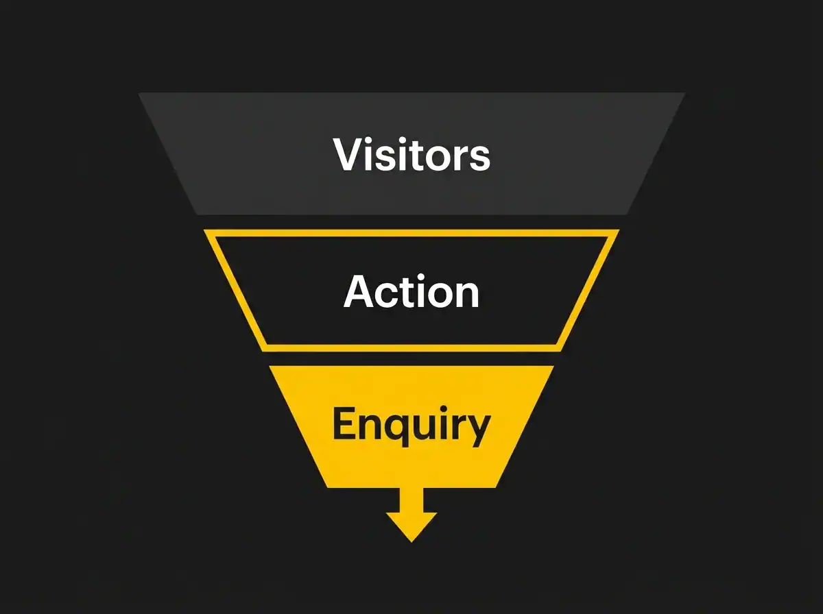 Visual sales funnel diagram showing visitors, action, and enquiry stages.