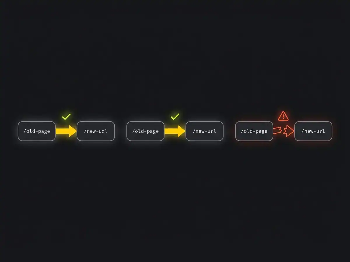 URL redirect chain diagram with one broken link highlighted in red