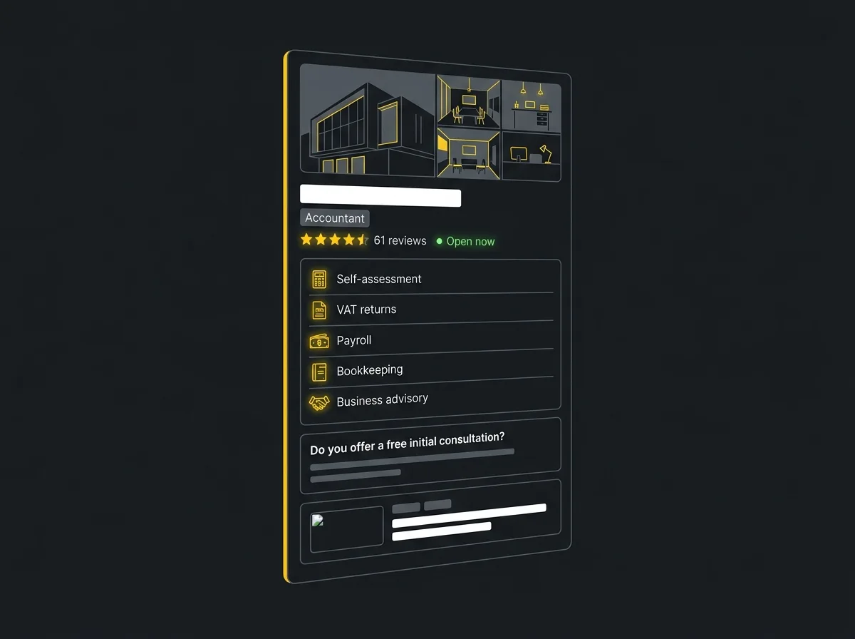 Stylised Google Business Profile for an accountancy firm with photos, services list, Q&A, and rating