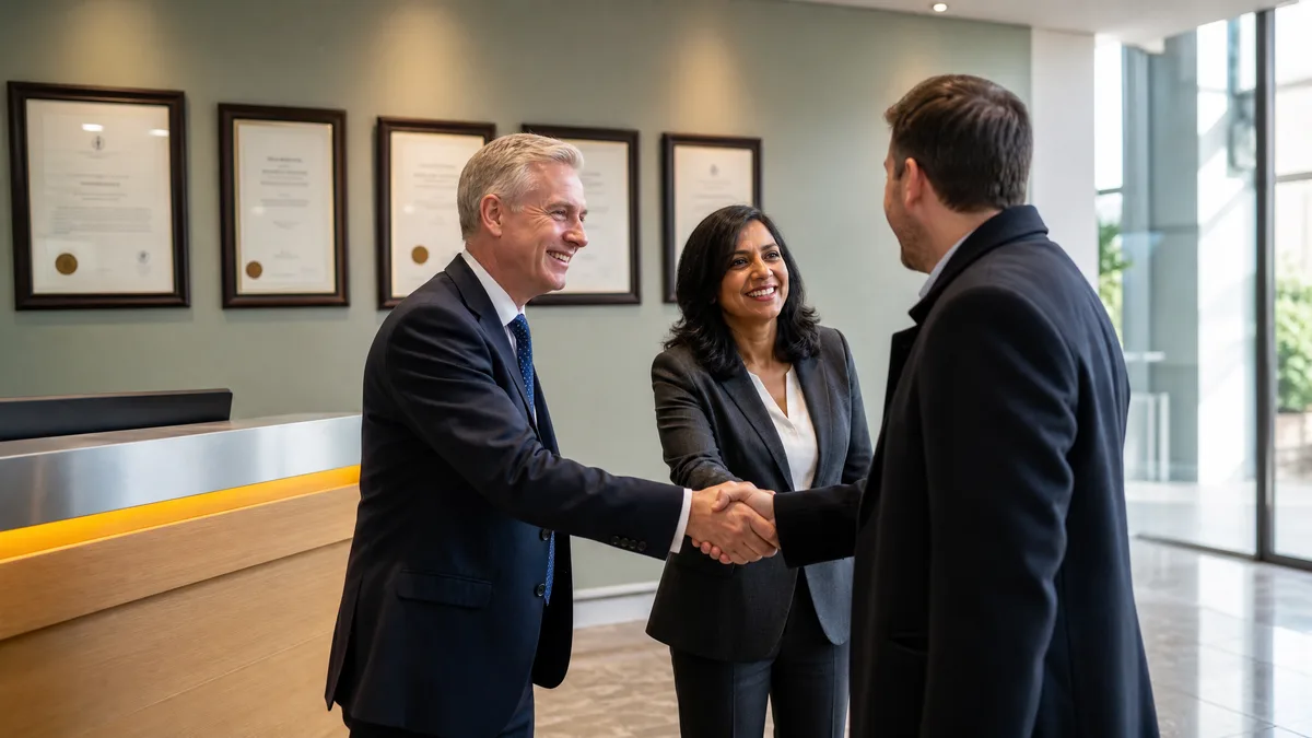 Two accounting firm partners greeting a business client in a bright professional reception area