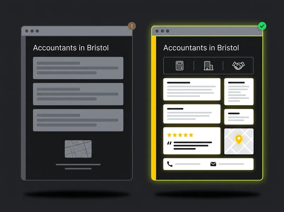 Two contrasting accounting firm location pages: one thin template, one with genuine local content
