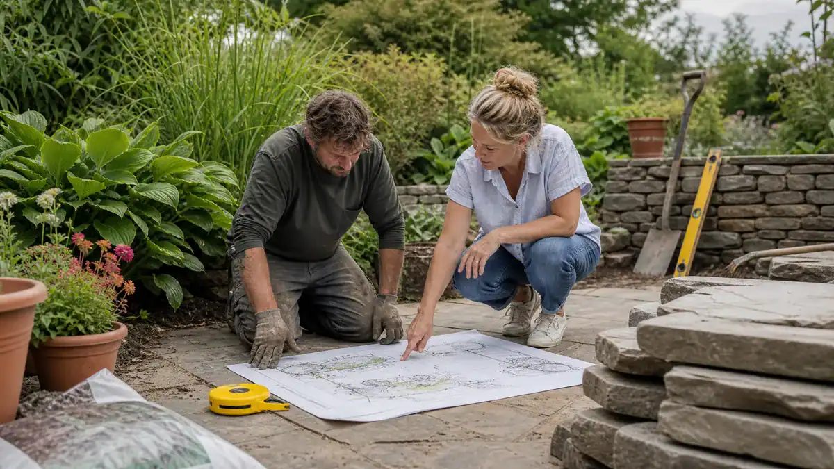 Two people working on garden landscaping with stones and plants.