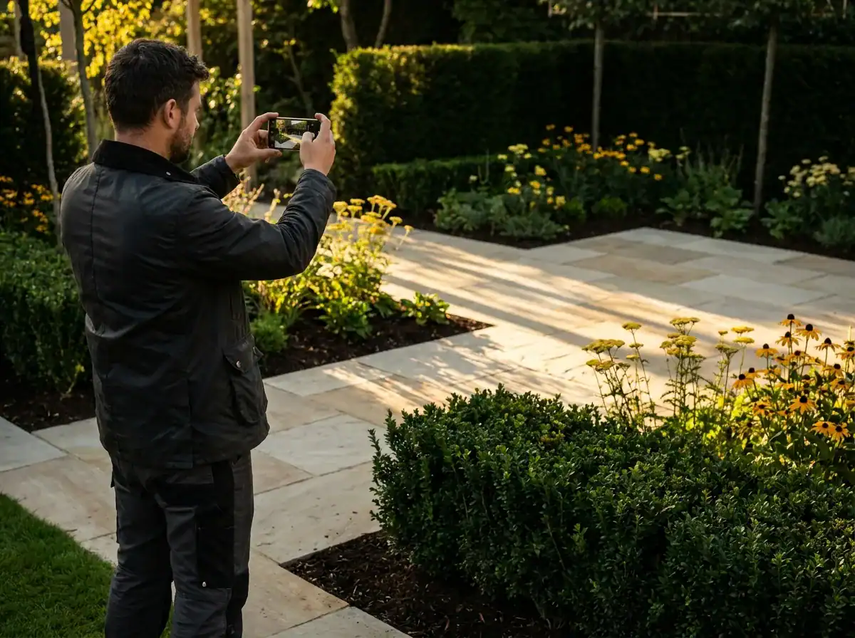 Man capturing a photo in a lush garden with flowers and greenery.
