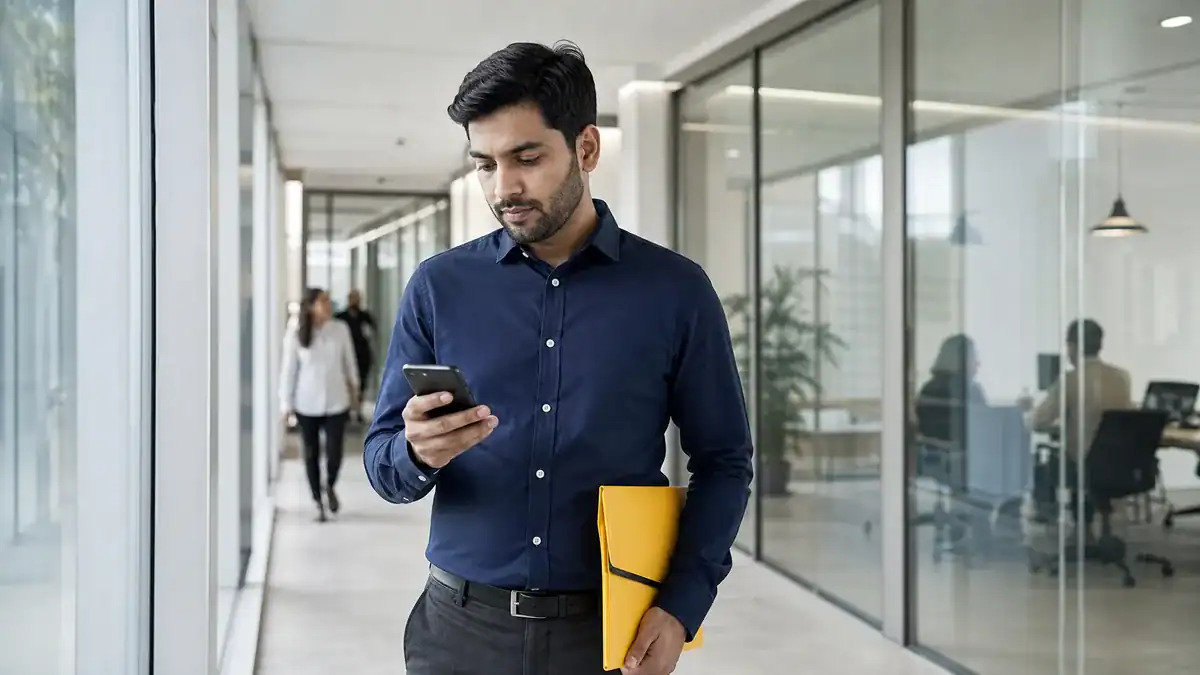 Businessman in a modern office corridor using smartphone with a yellow folder.