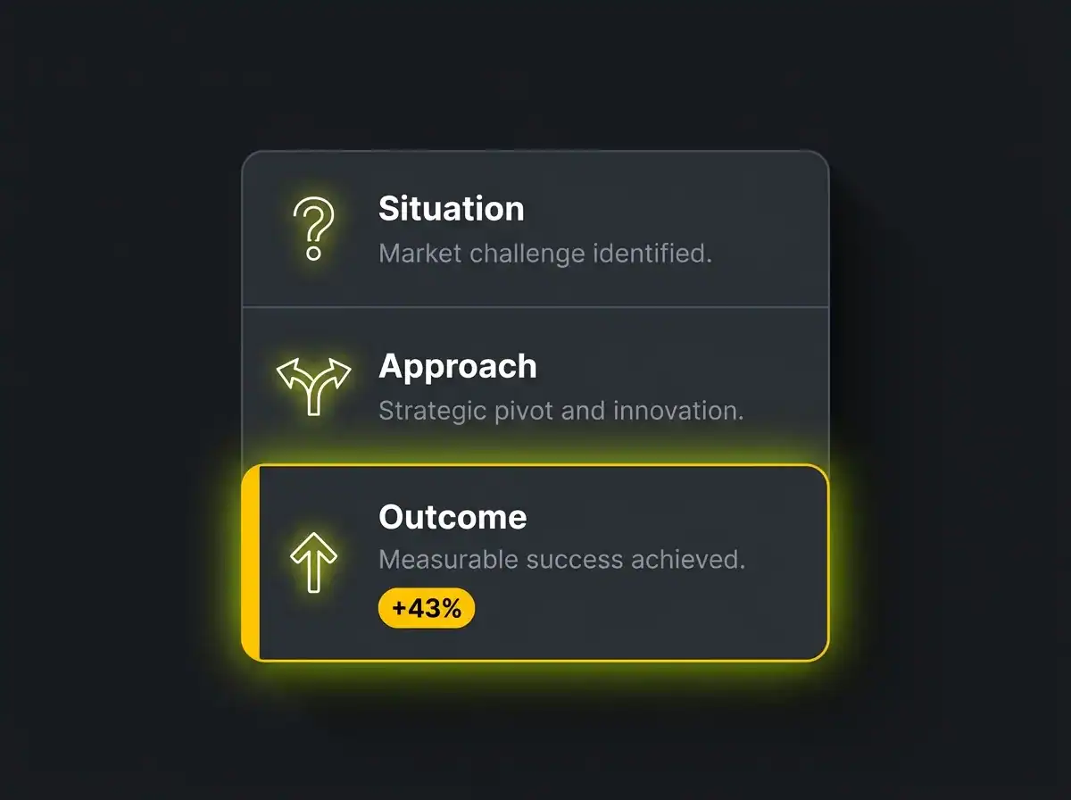 Business strategy diagram showing situation, approach, and outcome with success increase.