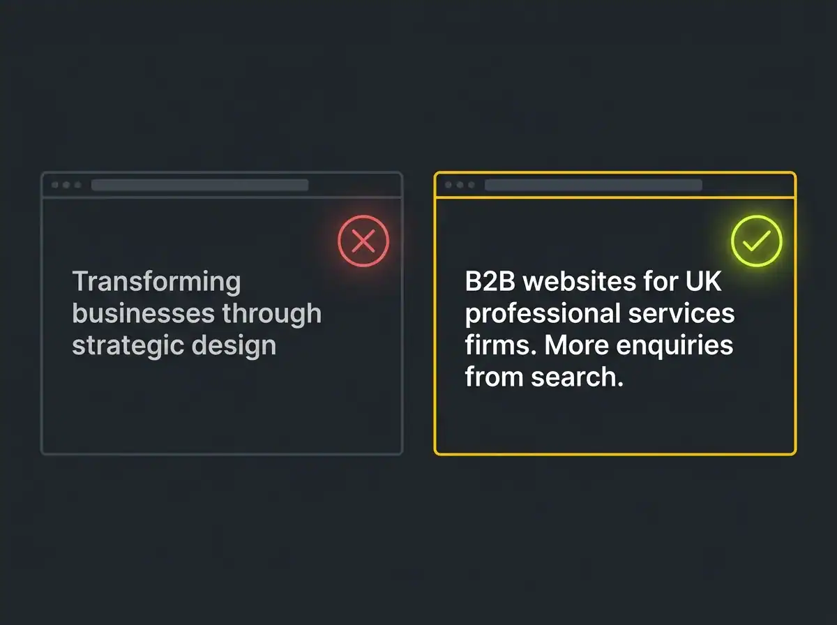 Side-by-side comparison of a vague versus specific B2B homepage value proposition
