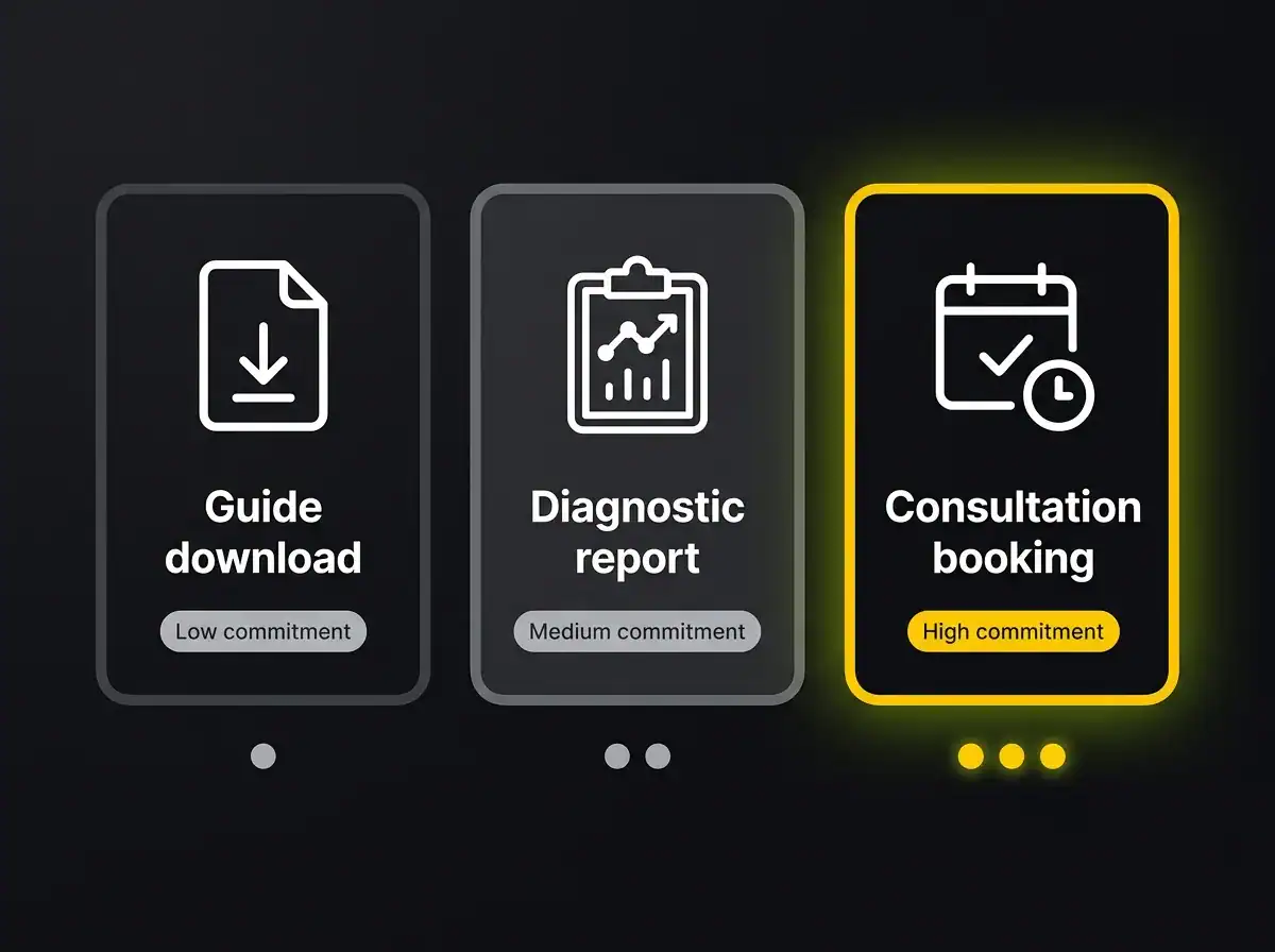 Digital interface showing consultation booking with high commitment indicator.