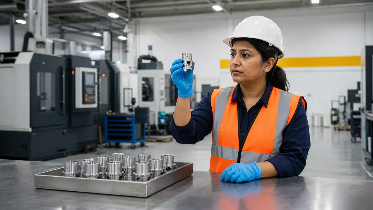 Female engineer in safety gear examining metal parts in factory.