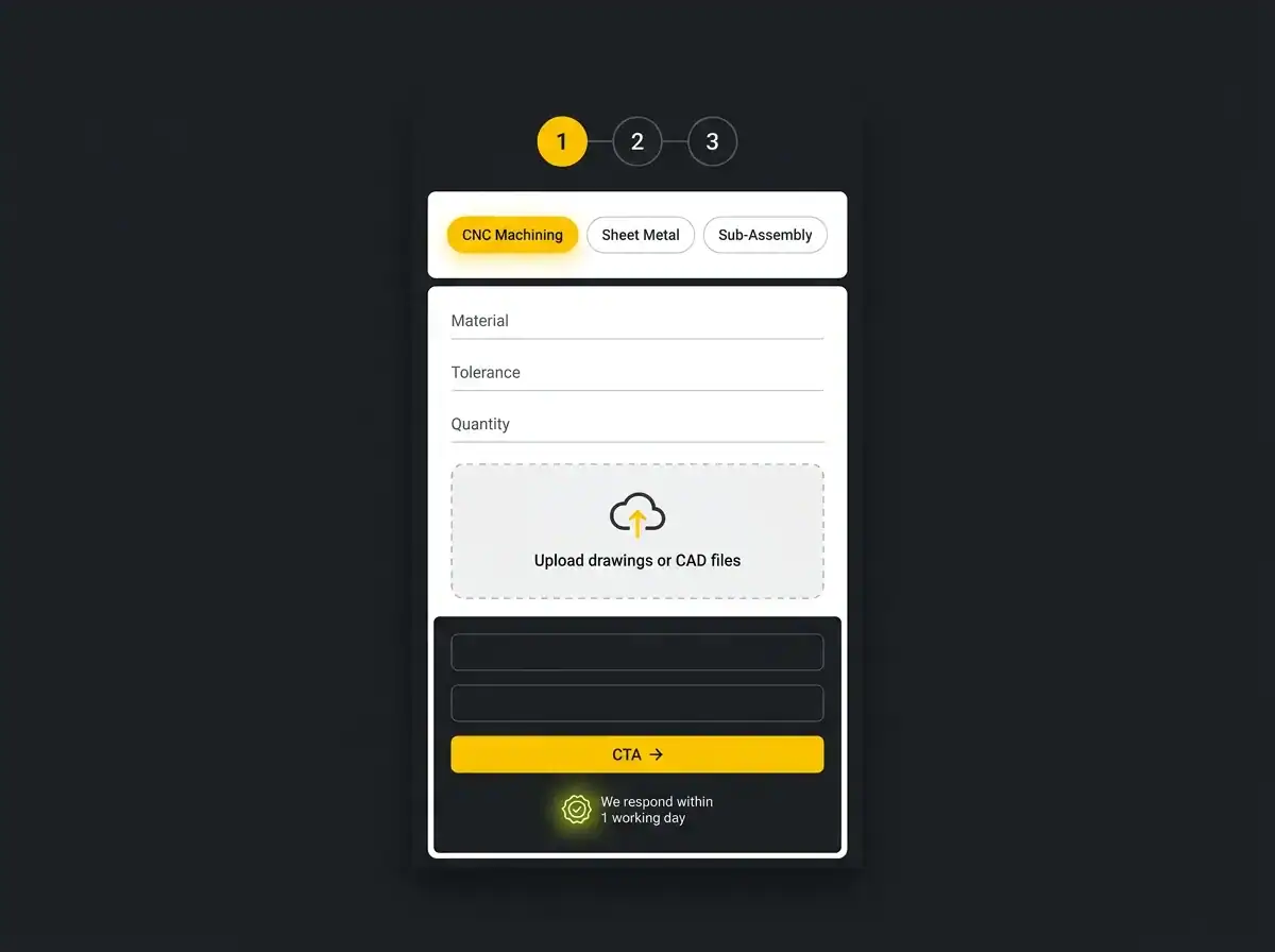 Mobile app screen for CNC machining with upload and submit options.