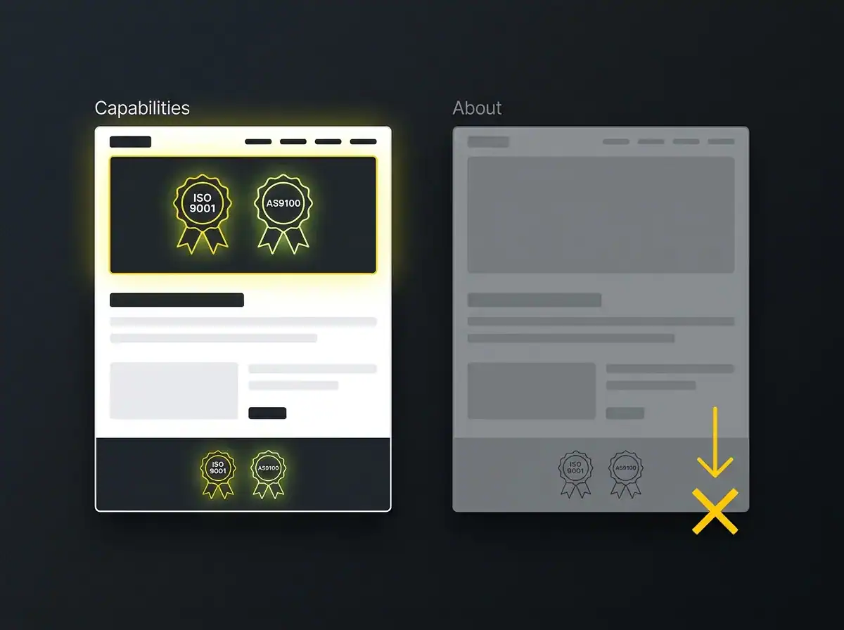 Website wireframe showing ISO 9001 certification badges on a capabilities page