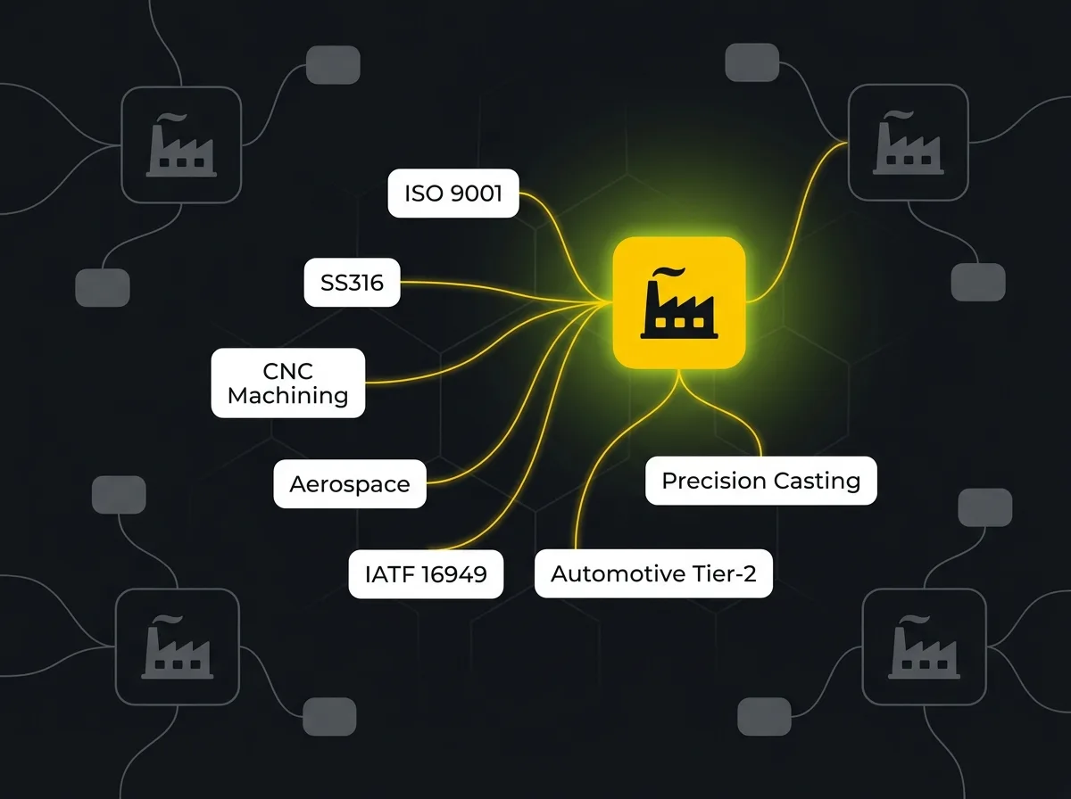 Abstract AI supplier shortlist showing manufacturing entities and certification nodes