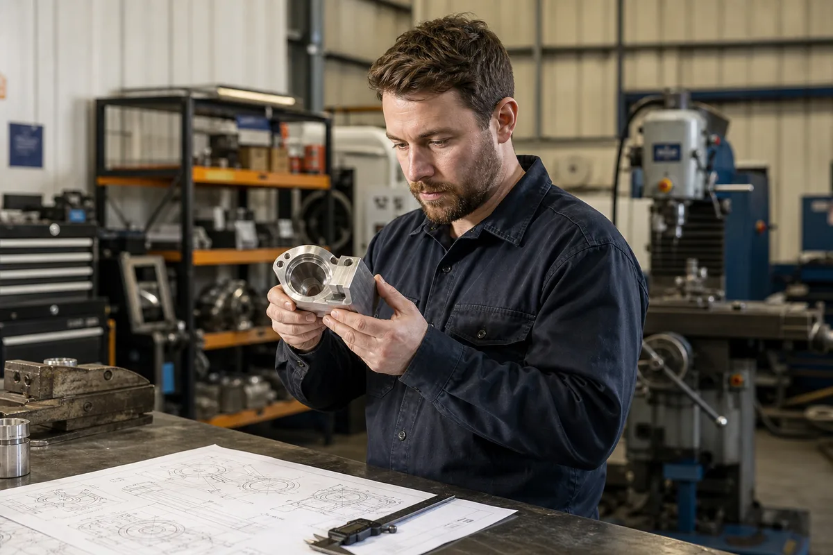 Design engineer inspecting a precision-machined component in a UK industrial workshop