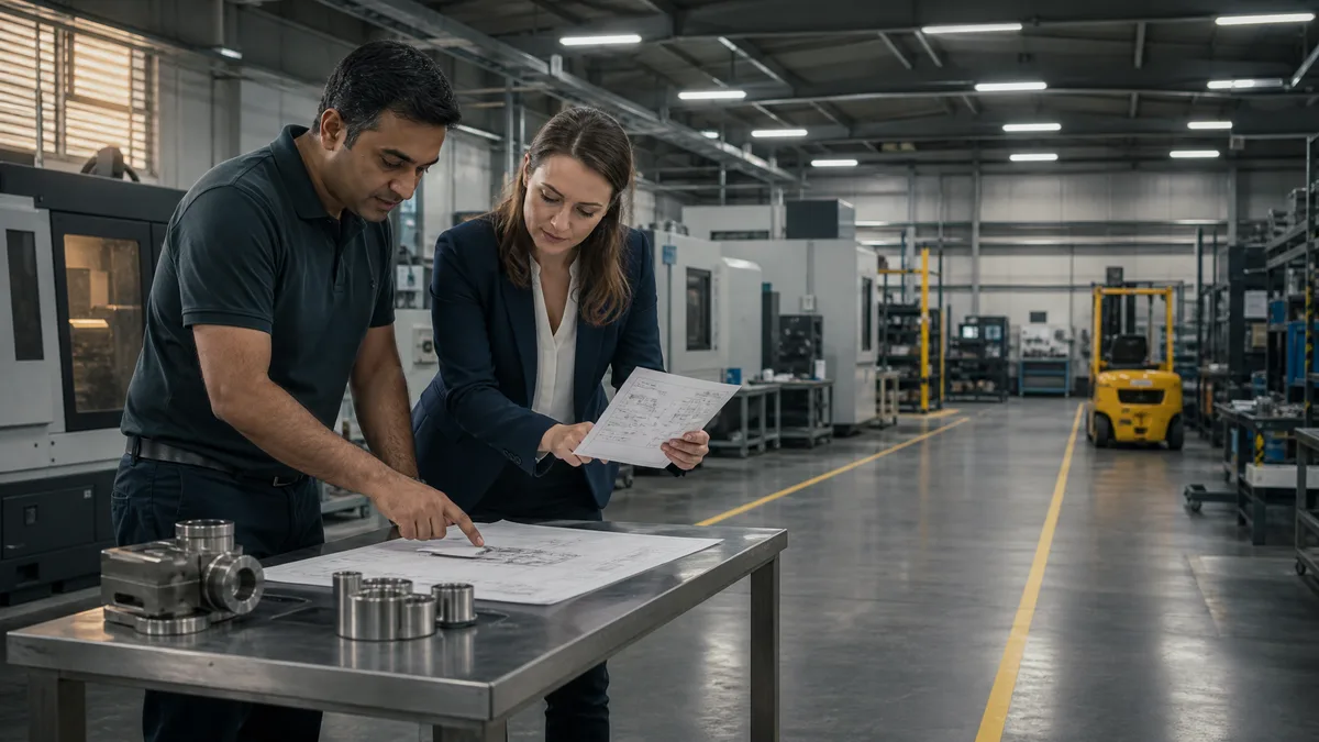 Procurement manager in a UK manufacturing facility reviewing component specifications