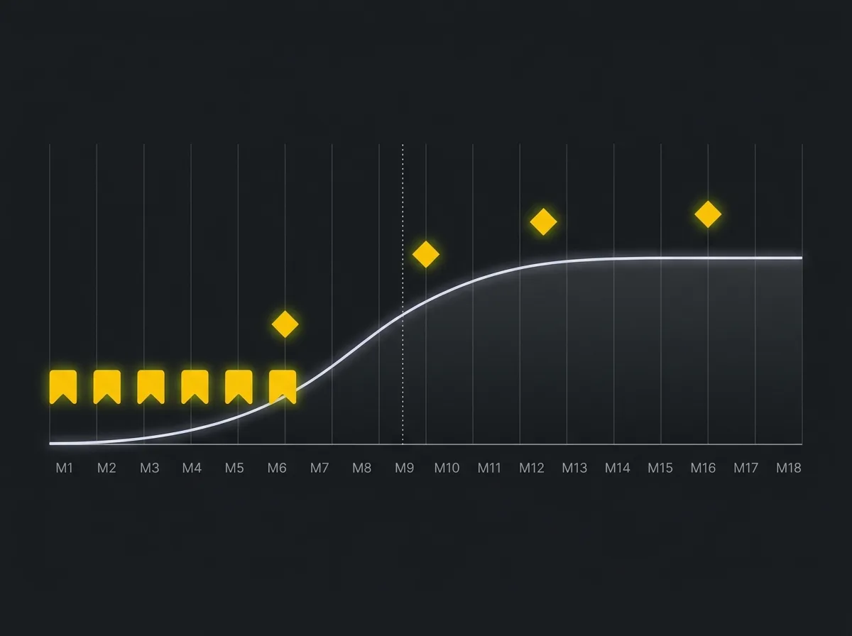 Stylised 18-month sales cycle timeline showing SEO content publication and RFQ conversion alignment