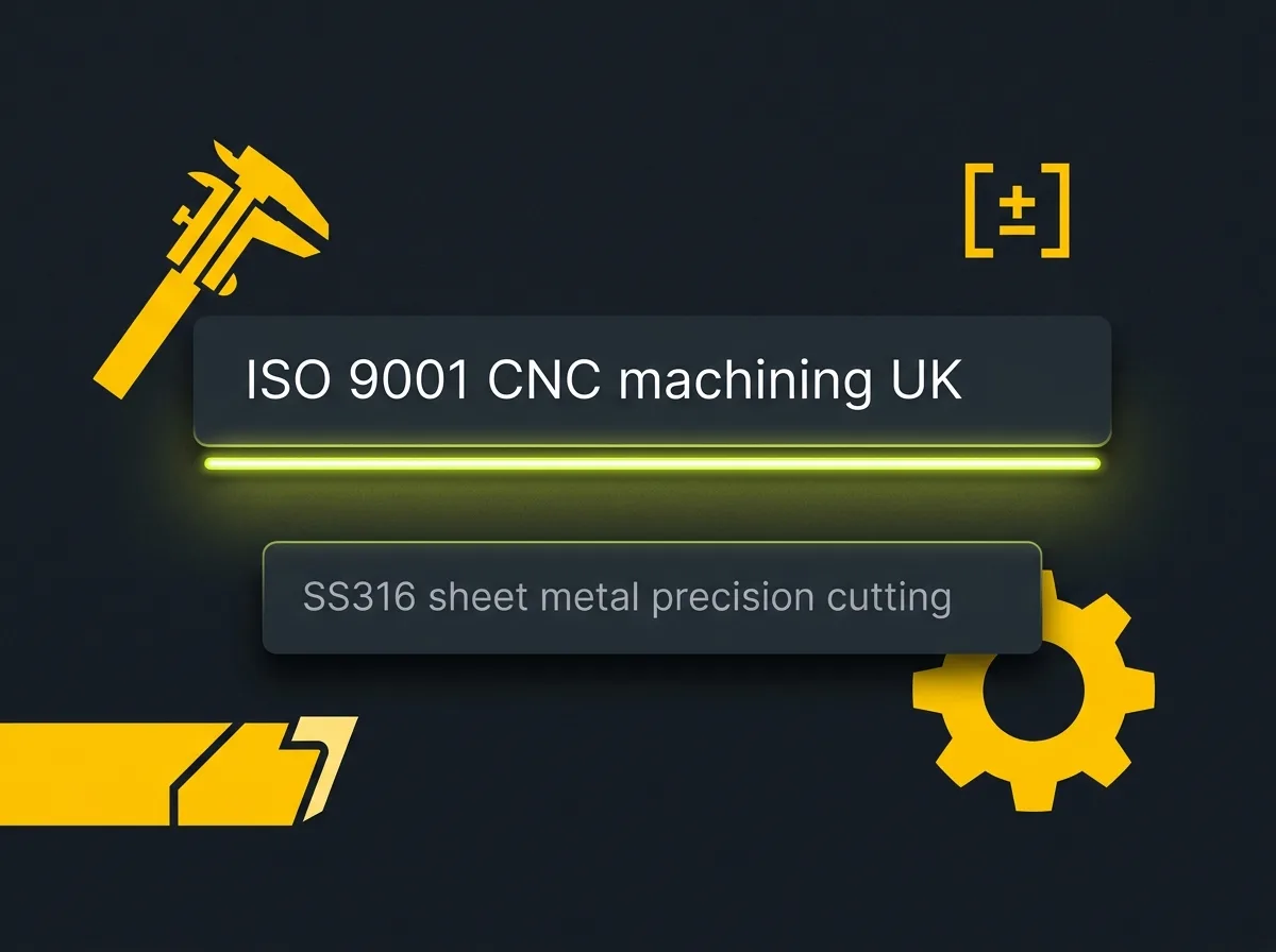 Stylised search bar showing specification-led B2B manufacturing search queries