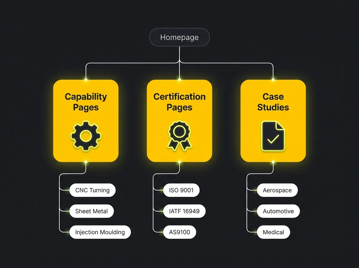 Stylised website structure diagram for a manufacturing company showing capability and certification pages