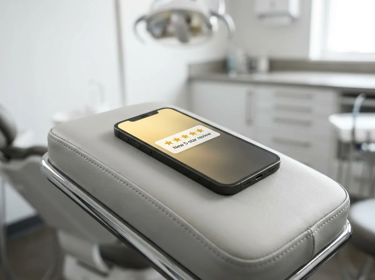 Smartphone on a dental chair armrest showing a 5-star Google review notification