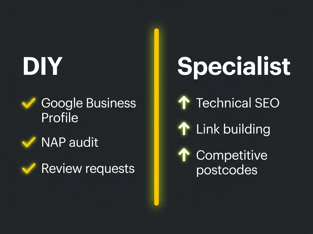 Stylised checklist graphic showing DIY local SEO tasks versus specialist tasks for dental practices