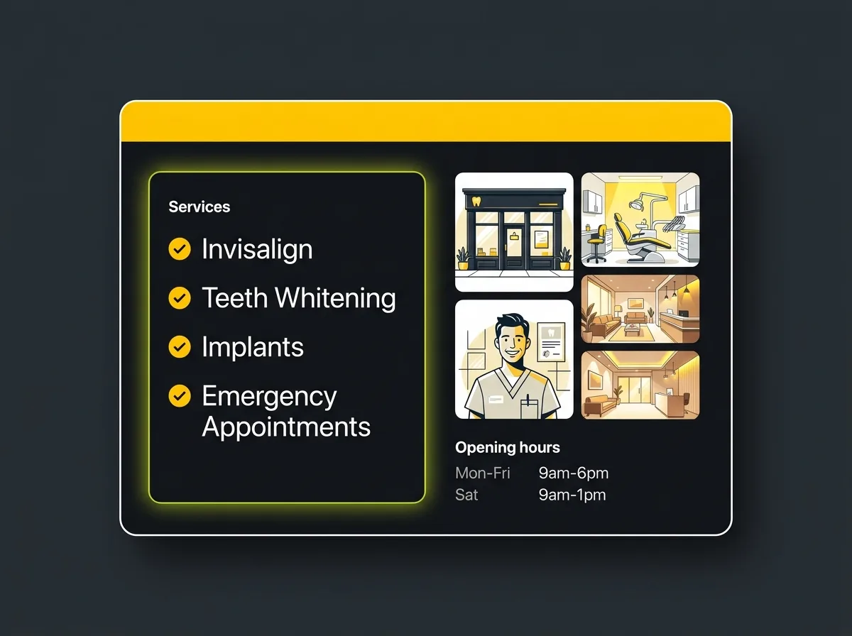 Stylised Google Business Profile for a dental practice showing completed services, photos and hours