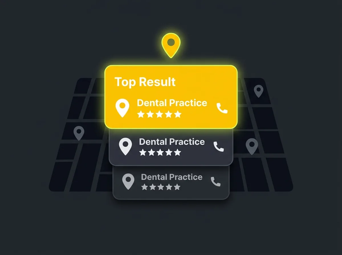Stylised Google Maps local 3-pack showing three dental practice listings