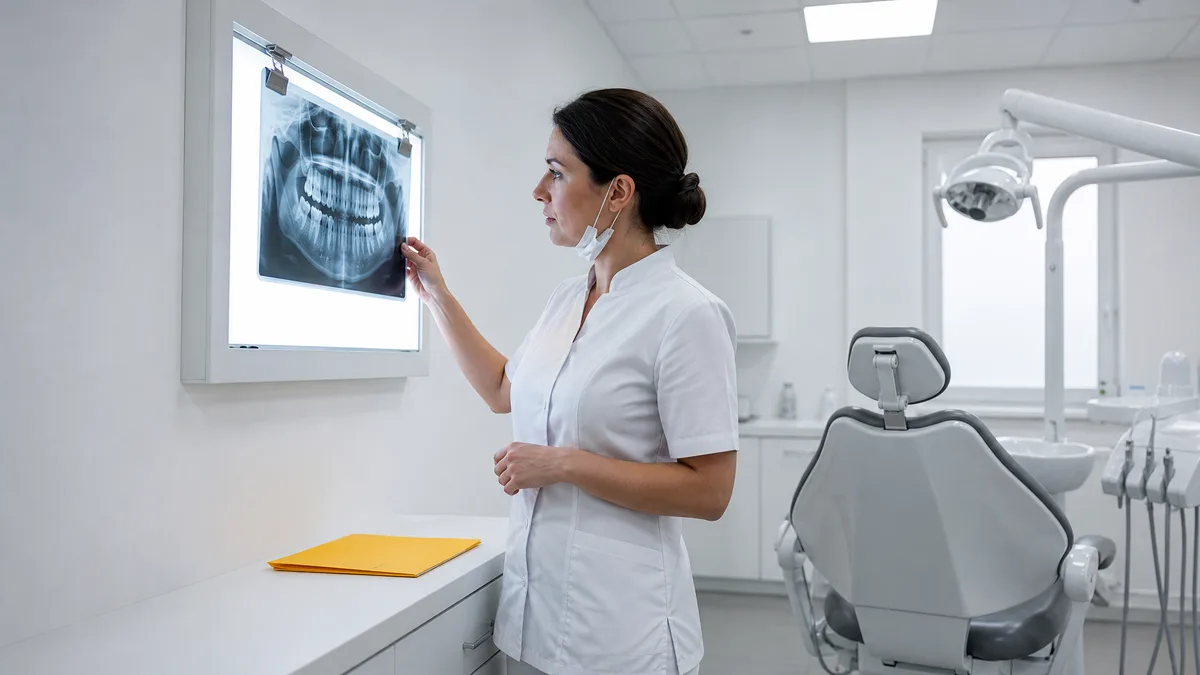 UK dentist reviewing a patient X-ray in a bright modern treatment room