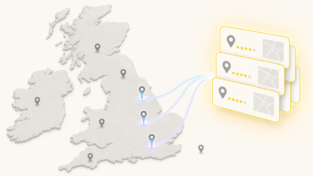 Stylised UK map with branch pins feeding a local map pack of three results