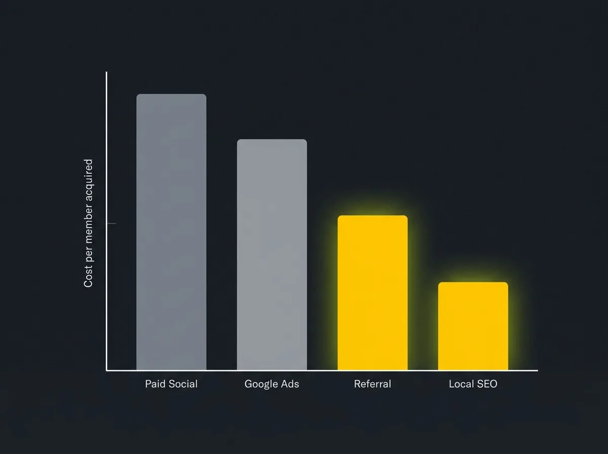 Bar chart comparing cost per acquired member across four gym marketing channels