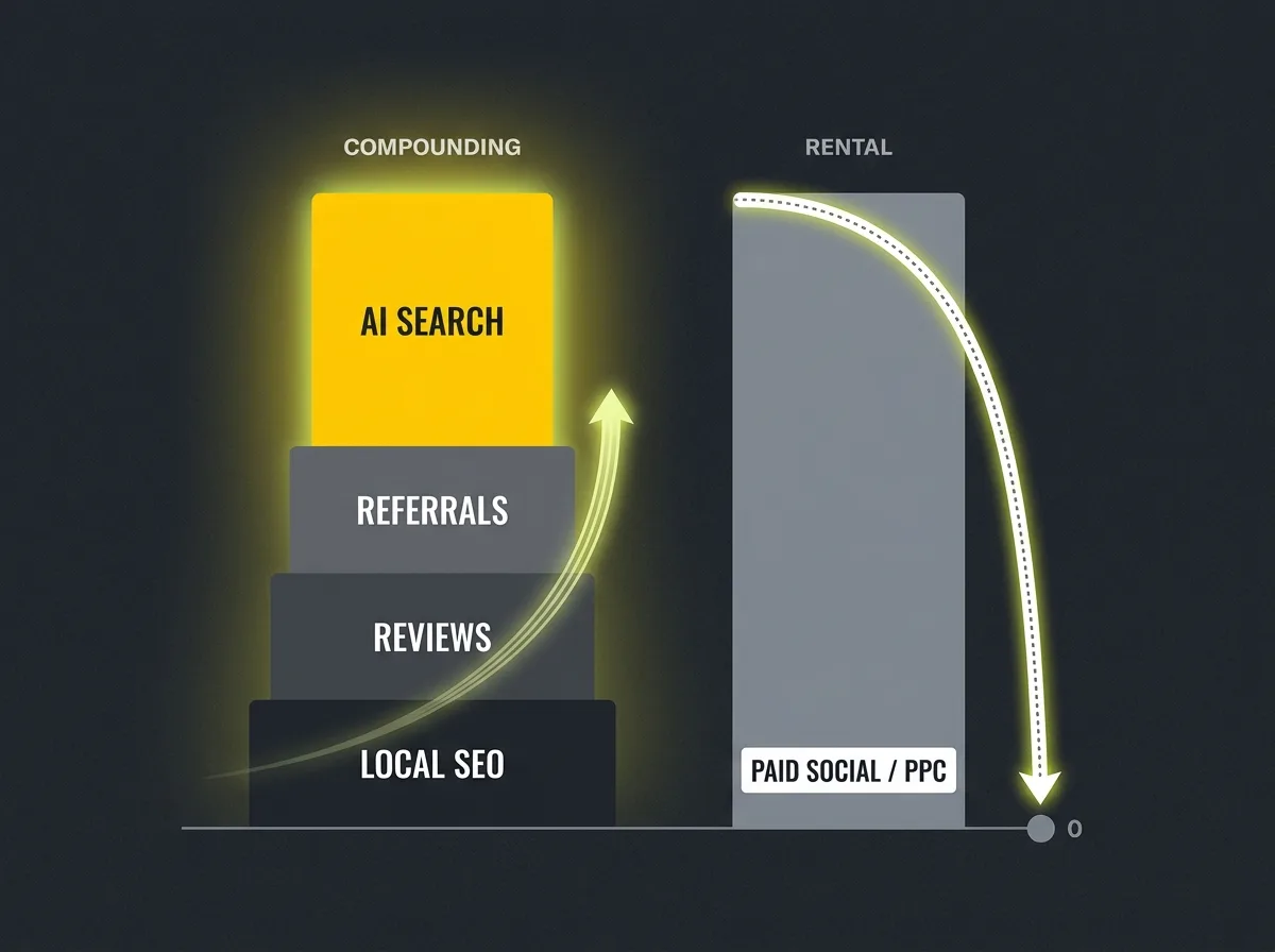 Diagram contrasting compounding gym marketing channels with rental channels that reset when spend stops