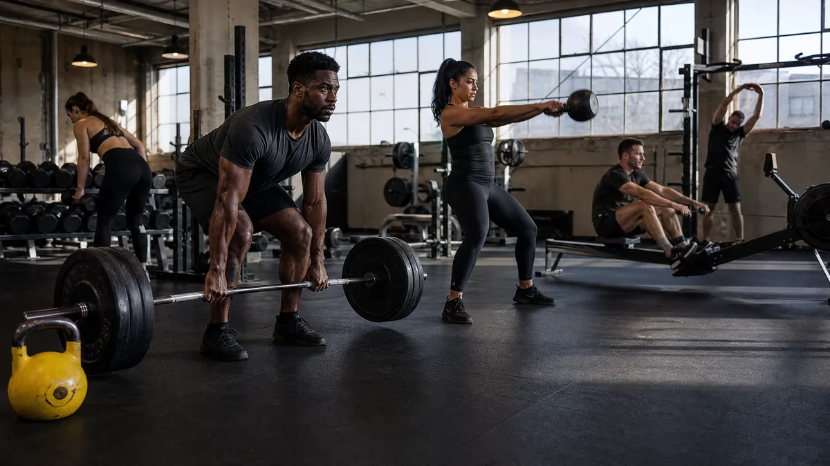 Members actively training on the floor of a busy independent UK gym
