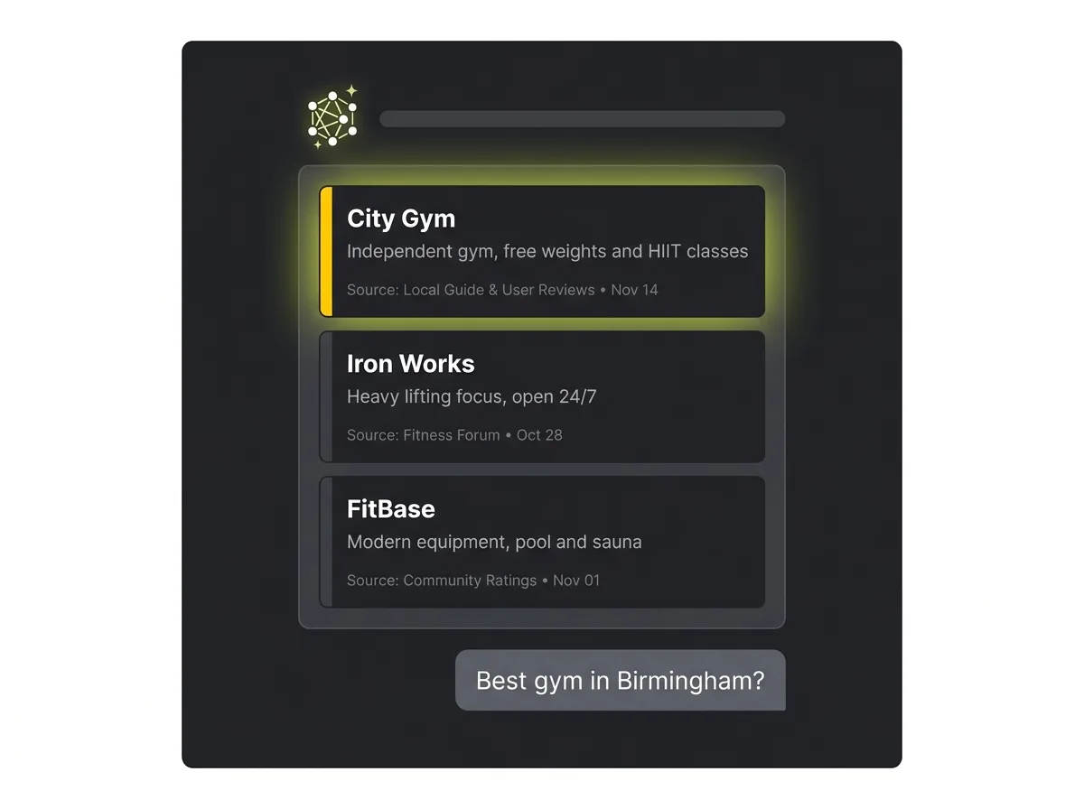 Stylised AI chat interface showing a gym recommendation query and synthesised response