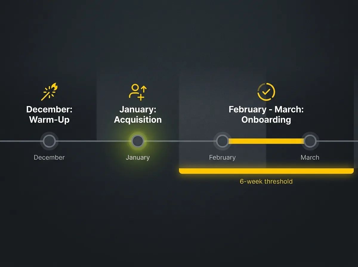 Stylised infographic timeline showing gym January campaign phases from December through March