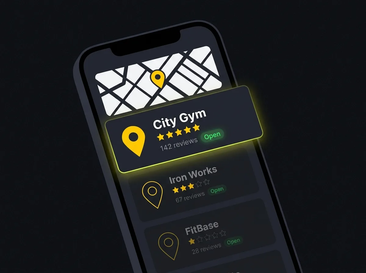 Stylised mobile screen showing a gym in the Google Business Profile map pack