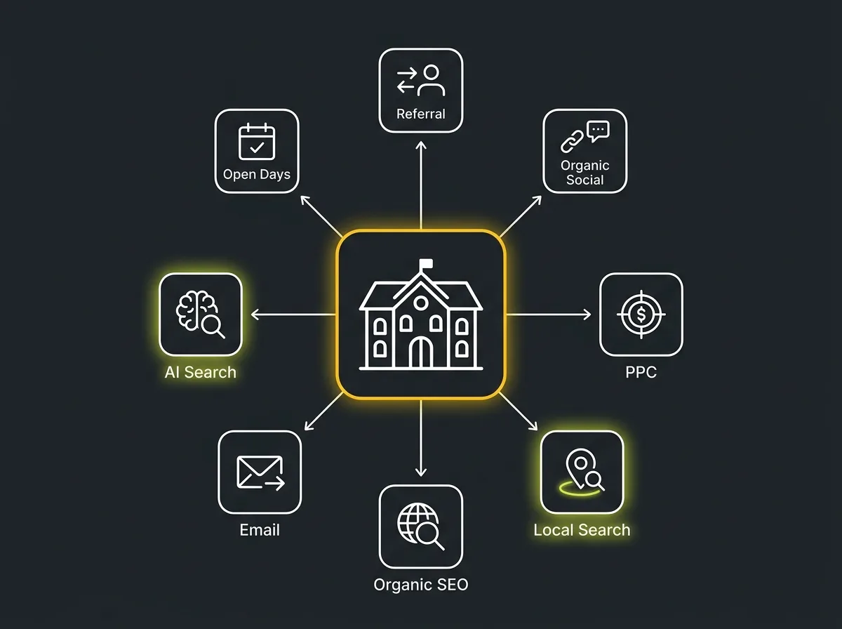 Diagram showing eight marketing channels flowing toward an independent school building
