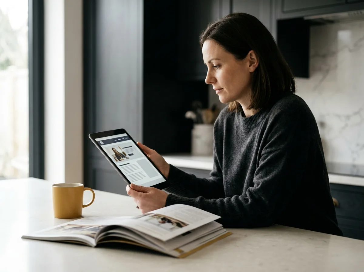 Parent reviewing an independent school website on a tablet at home