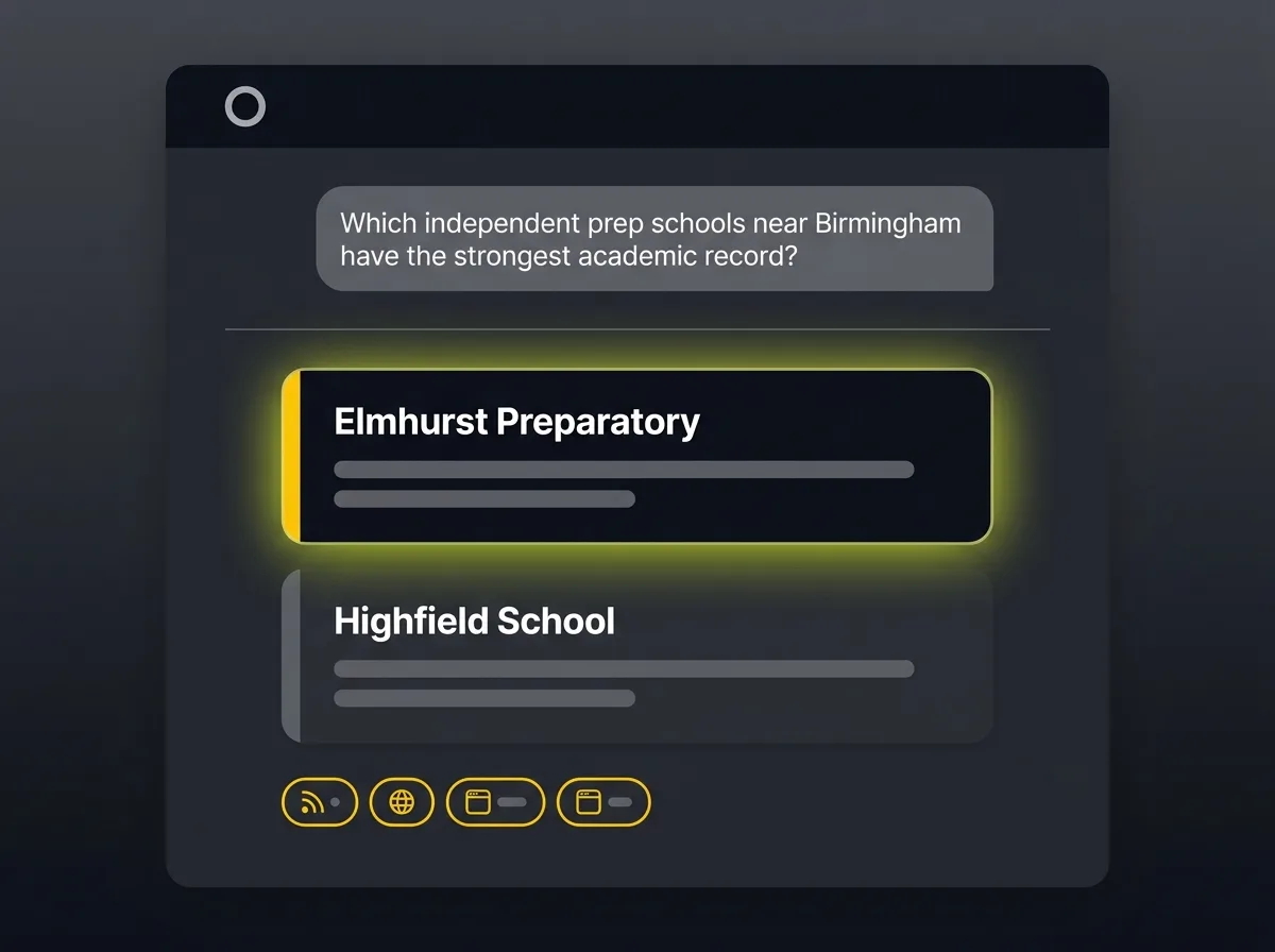 Stylised AI chat interface showing a parent asking for independent school recommendations